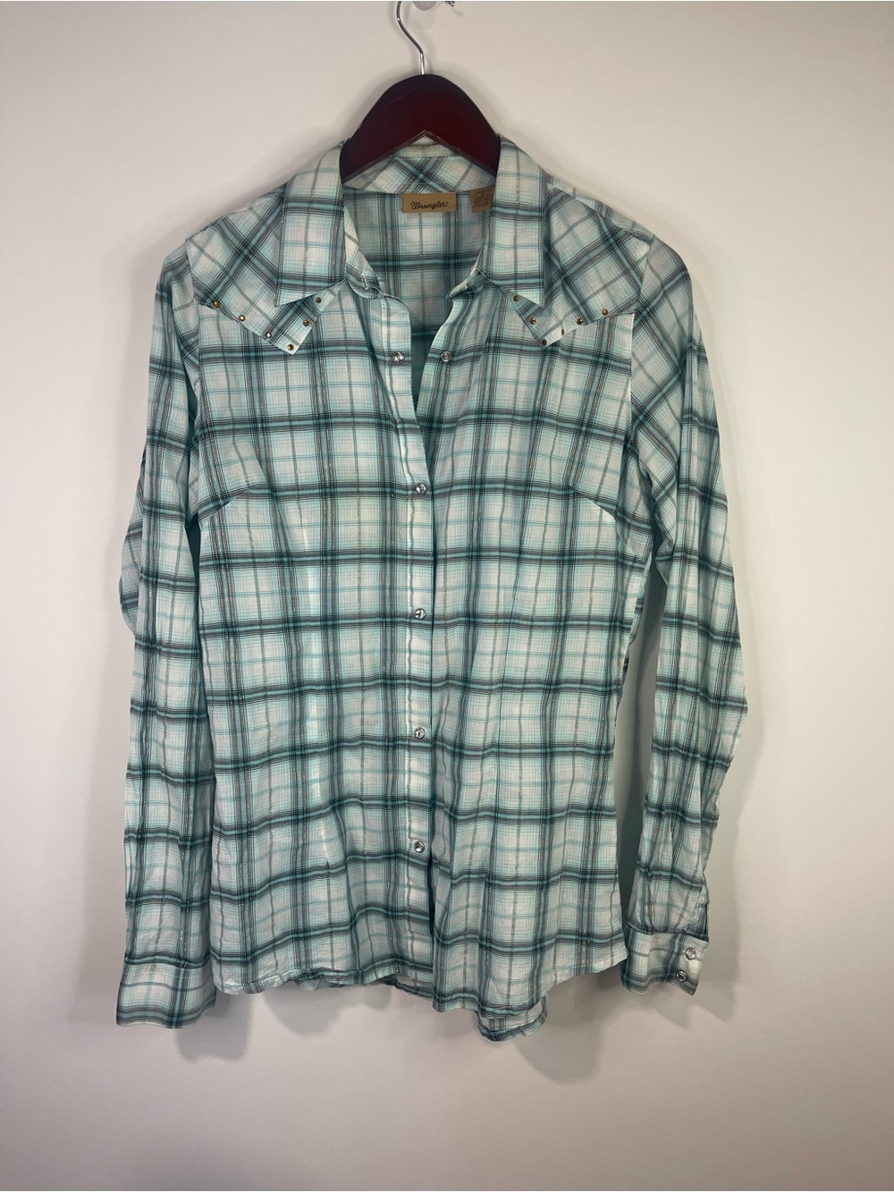Wrangler Light Teal and White Plaid Button-Down Shirt